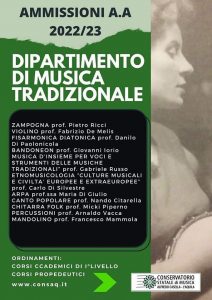 Iscrizioni anno accademico 2022/2023 Dipartimento di Musica Tradizionale - Conservatorio Alfredo Casella